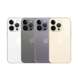 Just Mobile TENC Slim Fit iPhone 14 Pro-skal i Frost, visas på fyra telefonbaksidor med transparent, slimmat skydd