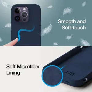 Just Mobile TENC silikonskal för iPhone 14 Pro i marinblått, med mjuk finish och foder i mikrofiber.