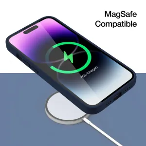 Just Mobile TENC Silicone Case för iPhone 14 Pro i marinblått med grafik för MagSafe-laddning