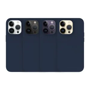 Just Mobile TENC Silicone Case med MagSafe för iPhone 14 Pro, visas i marinblått med fyra utföranden för kamerautskärningen
