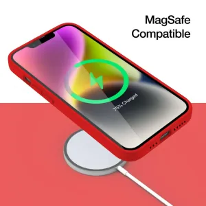 Just Mobile TENC Silikonhülle für iPhone 14 in Koralle, abgebildet mit Grafik zur MagSafe-Kompatibilität