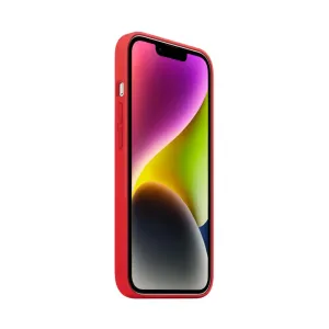 Just Mobile TENC korallenfarbene Silikonhülle für das iPhone 14, abgebildet mit erhöhten Kanten und Tastenabdeckungen