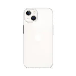 Just Mobile TENC Slim Fit transparent skal på iPhone 14:s baksida, med upphöjd kamerautskärning och stöd för MagSafe