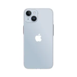 Just Mobile TENC Slim Fit genomskinligt skal på iPhone 14, med en tunn transparent finish och kamerautskärning