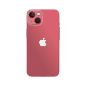 Just Mobile TENC Slim Fit genomskinligt skal på en (PRODUCT)RED iPhone 14, med slimmat MagSafe-kompatibelt skydd