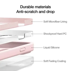 Explosionsansicht des Just Mobile TENC Silicone Case mit rosafarbener Schichtkonstruktion und weichem Mikrofaserfutter