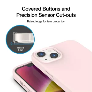 Just Mobile TENC Silikonhülle in Rosa für iPhone 14, mit erhöhtem Kamerarand und präzisen Aussparungen