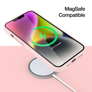 Just Mobile TENC Silikonhülle in Pink für das iPhone 14, dargestellt mit Grafik zum MagSafe-kompatiblen kabellosen Laden.