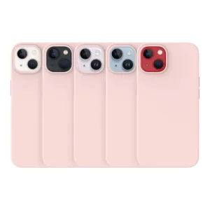 Just Mobile TENC Silikonhülle für iPhone 14, abgebildet in Rosa mit vier weiteren Farboptionen auf weißem Hintergrund.