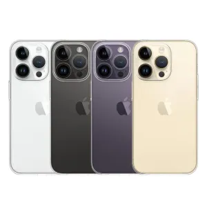Quatre iPhone 14 Pro Max en argent, noir, violet et or, vus de dos sur fond blanc.