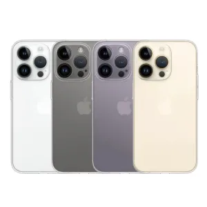 Fyra iPhone 14 Pro Max-telefoner visas bakifrån och lyfter fram den kompatibla enheten för Just Mobile tENC Slim Fit Case.