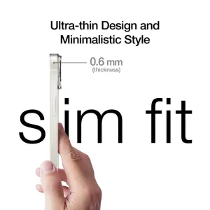Just Mobile TENC Slim -kuori iPhone 14 Plus -puhelimelle sivuprofiilissa, jossa näkyy erittäin ohut 0,6 mm:n MagSafe-yhteensopiva muotoilu.