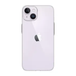 Just Mobile TENC Slim -läpinäkyvä suojakuori iPhone 14 Plus -puhelimelle, takaa kuvattu vaaleanvioletti iPhone kameran aukoilla