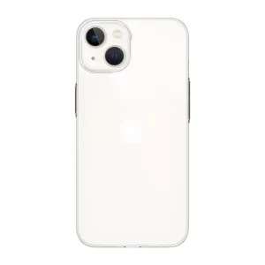 Transparent MagSafe-iPhoneskal från Just Mobile på en vit iPhone, med upphöjd kamerautskärning och slimmad passform
