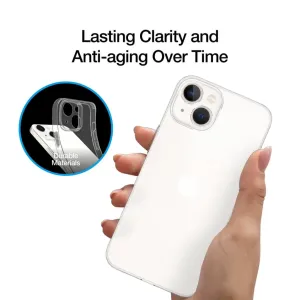 Transparent iPhone-skal från Just Mobile med upphöjd kameraram, visat på en vit iPhone i en hand