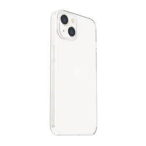 Genomskinligt MagSafe-kompatibelt iPhone-skal från Just Mobile med upphöjd kameraram, visat på en vit iPhone.