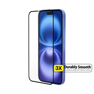 Just Mobile Xkin skärmskydd i härdat glas för iPhone 16, visas med enkel passformsjustering och kamerautskärning.