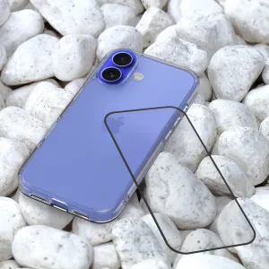 Just Mobile Xkin Bildschirmschutz, abgebildet mit einer transparenten iPhone-16-Hülle neben einem blauen iPhone auf weißen Kieselsteinen