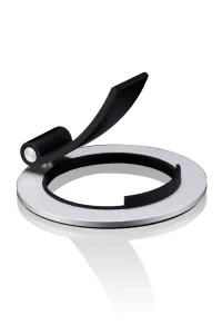 Support pour iPad Just Mobile Encore avec base circulaire argentée et bras de support noir réglable sur fond blanc