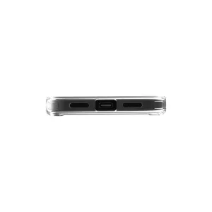 JustMobile TENC Air transparente Schutzhülle für iPhone 16, in der Seitenansicht mit Aussparungen dargestellt