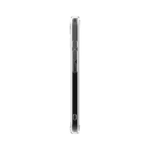 Transparente Just Mobile TENC Air Schutzhülle für das iPhone 16, Seitenansicht mit schlankem Profil und erhöhten Tastenaussparungen.