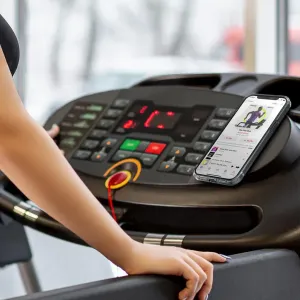 Smartphone auf einer Laufbandkonsole in einem Fitnessstudio, auf dem beim Training Apple Music angezeigt wird.