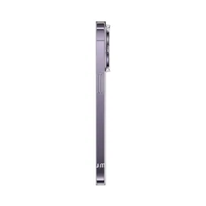 Coque fine Just Mobile pour iPhone violette, vue de côté avec bord surélevé autour de l’appareil photo et finition brillante