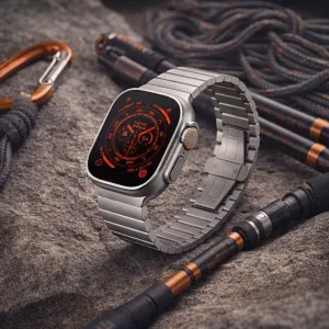 Just Mobile Titan-Uhrenarmband für Apple Watch Ultra, an einer silbernen Smartwatch im Outdoor-Stil befestigt