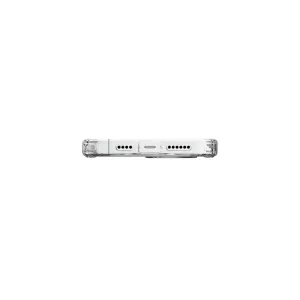 Transparente Just Mobile TENC Air-Schutzhülle für iPhone 15 Pro Max, von der Unterkante aus gezeigt, mit USB-C-Aussparung.