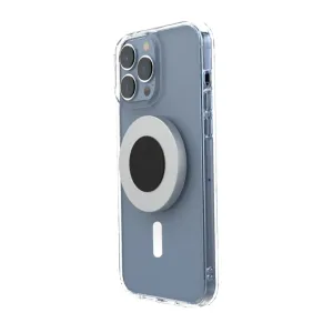 Just Mobile aluDisc mini magnetisk väggmonteringsskiva fäst på en iPhone i ett transparent skal