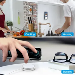 Just Mobile aluDisc mini magnetiskt väggfäste – infografik som visar iPhone-användning i köket, vid diskhon och vid sängen
