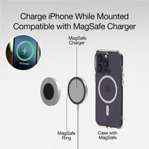 Just Mobile aluDisc mini MagSafe-väggfäste, infografik som visar kompatibilitet med MagSafe-laddare, ring och iPhone-skal