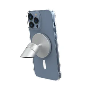 Just Mobile aluDisc Go magnetische Autohalterung, befestigt an einem iPhone in einer transparenten Hülle vor weißem Hintergrund