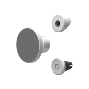 Just Mobile aluDisc Go magnetische Autohalterung für iPhone, abgebildet mit Befestigungsteilen für Armaturenbrett und Lüftung