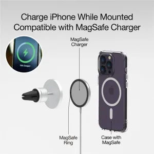Just Mobile aluDisc Go Infografik mit MagSafe-kompatibler iPhone-Autohalterung mit Ladegerät und Hülle