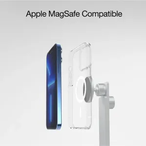 Just Mobile AluDisc Pro MagSafe iPhone-Ständer-Setup mit Smartphone, transparenter Hülle und verstellbarer Halterung