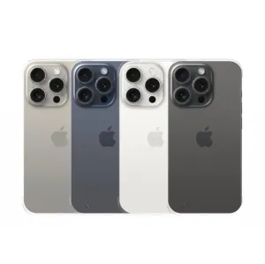 Just Mobile TENC Slim Fit iPhone-15-Pro-Hülle, gezeigt in vier Farben mit erhöhtem Kameraschutz und Apple-Logo