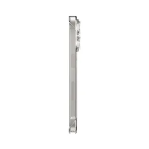 Transparente Just Mobile TENC Slim Fit Hülle für das iPhone 15 Pro in Seitenansicht, mit schlankem Profil und erhabenen Tastenabdeckungen.