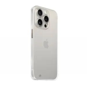Just Mobile TENC Slim Fit transparente iPhone 15 Pro Max-Hülle mit Kameraausschnitt auf weißem Hintergrund