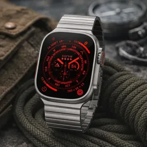Just Mobile Titan-Uhrenarmband an der Apple Watch Ultra mit segmentierten silbernen Metallgliedern