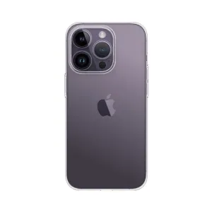 Coque iPhone fine transparente Just Mobile avec rebord surélevé autour de l’appareil photo sur un iPhone 14 Pro violet