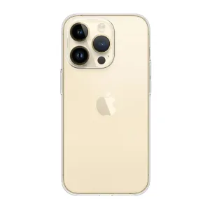 Coque Just Mobile TENC Slim transparente MagSafe pour iPhone 14 Pro Max sur un iPhone doré, montrant le dos et la découpe de l’appareil photo