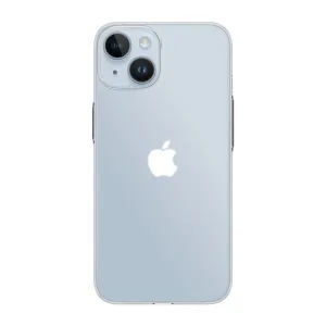 Genomskinligt iPhone-skal från Just Mobile med upphöjd kameraram, kompatibelt med MagSafe, på en ljusblå iPhone
