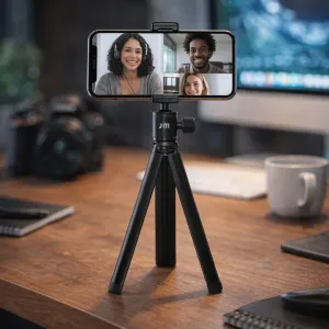 Just Mobile ShutterGrip Smartphone-Stativständer, der auf einem Schreibtisch ein Smartphone für einen Videoanruf hält