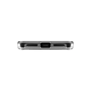 Coque de protection transparente Just Mobile TENC Air pour iPhone 16 Plus, vue de dessous avec découpes pour USB-C et haut-parleur