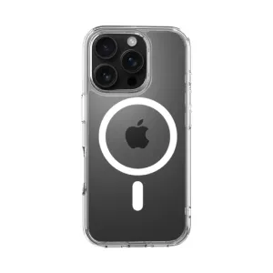 Transparente Just Mobile TENC Air Schutzhülle für iPhone 16 Pro, von hinten mit erhöhtem Kameraschutz gezeigt.