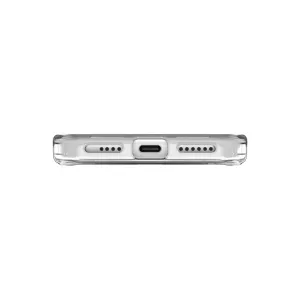 Just Mobile TENC Air transparente Schutzhülle für iPhone 16 Pro Max, abgebildet mit unteren USB-C- und Lautsprecheraussparungen.