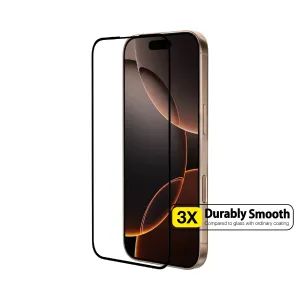 Protection d’écran en verre trempé Just Mobile Xkin pour iPhone 16 Pro avec bordure noire, présentée sur un iPhone doré