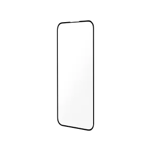 Protection d’écran en verre trempé Just Mobile Xkin pour iPhone 16 Pro, présentée sous forme de contour en forme de téléphone aux bords noirs.
