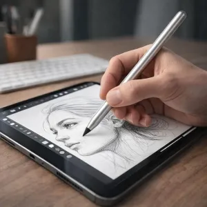 Just Mobile Stylus für iPad im Einsatz, mit einem silbernen Stift, der auf einem Tablet eine Gesichtsskizze zeichnet.
